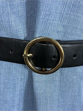 Plus Size Womens belt black faux leather gold ring buckle 57” long